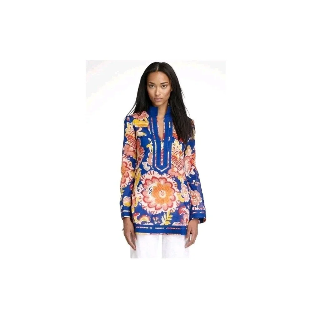 Tory Burch Wildflower Print Floral Tunic Multicolor Size 6 Side Zip Pullover